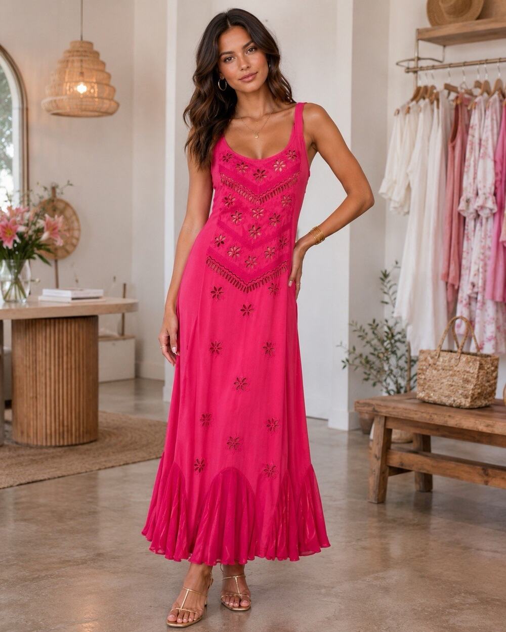 Shoreline Free Size Boho Pink Long Mermaid Embroidered Sleeveless Dress Floral